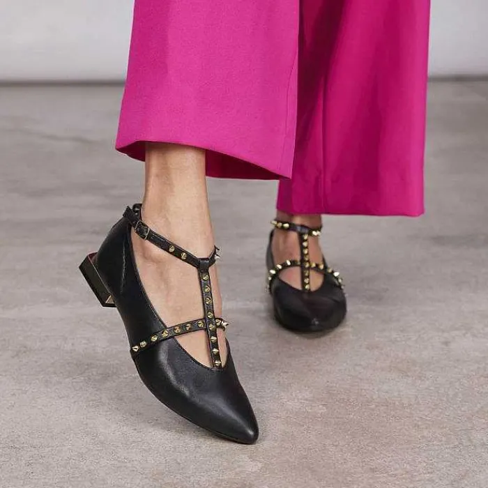 Gioseppo Bailarinas<Bailarinas De Mujer Nyborg De Piel En Color Negro Con Tiras Y Tachuelas Decorativas