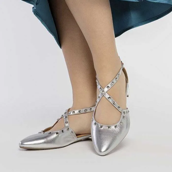 Gioseppo Bailarinas<Bailarinas De Piel Plata Con Punta Fina Y Detalle De Tachuelas Para Mujer Garcon