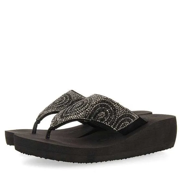 Gioseppo Chancletas<Sandalias De Cuña Negras Con Adornos De Cristal Para Mujer De Buccheri