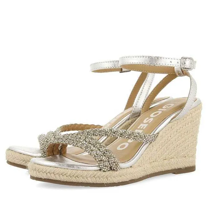 Gioseppo Sandalias Cuña<Sandalias De Piel Con Tirantes Plata Con Joyeria Y Cuña Alta De Yute Para Mujer Menfi