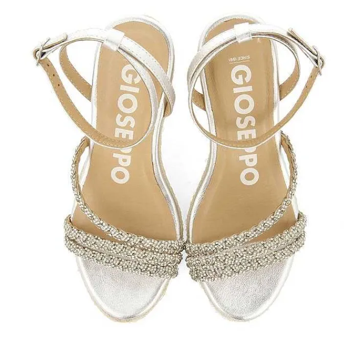 Gioseppo Sandalias Cuña<Sandalias De Piel Con Tirantes Plata Con Joyeria Y Cuña Alta De Yute Para Mujer Menfi