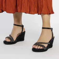 Gioseppo Sandalias Cuña<Sandalias De Piel Negra Con Tiras Con Adornos Y Cuña Alta De Yute Para Mujer Menfi